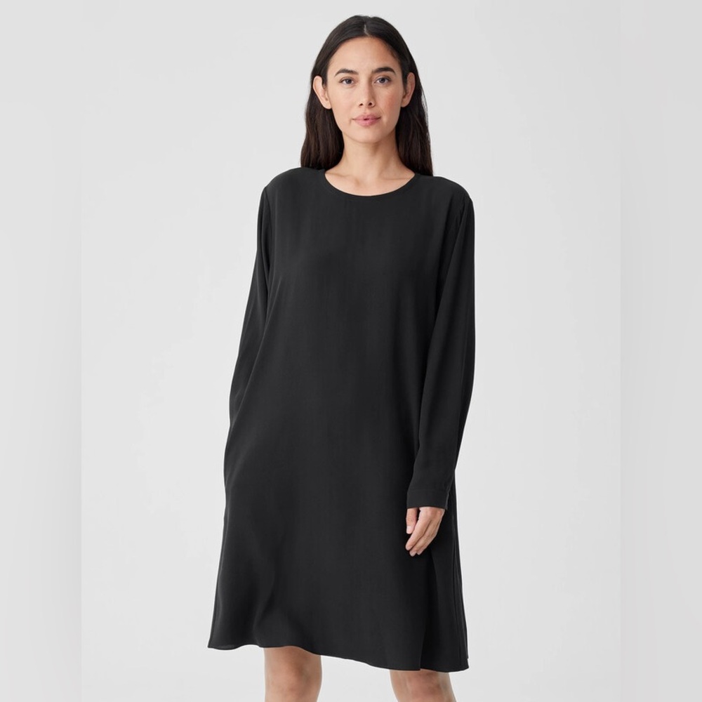Eileen Fisher 100% Silk Tunic Swing Dress Black Long Sleeve Medium